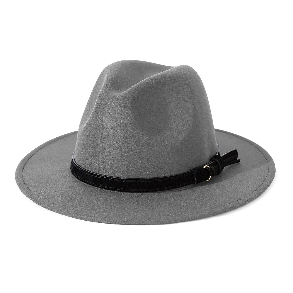 1359 & Vintage Wide Brim Fedora Hat with Belt Buckle B-Light Grey, L; Hat